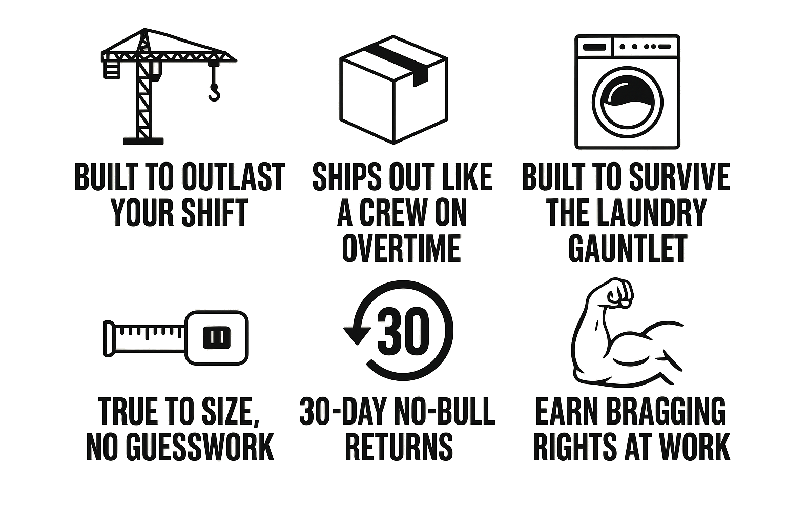 Blue Collar Dollar Co. product benefits - built to outlast your shift, ships out like a crew on overtime, built to survive the laundry gauntlet, true to size, no-guesswork fit, 30-day no-bull returns, earn bragging rights at work